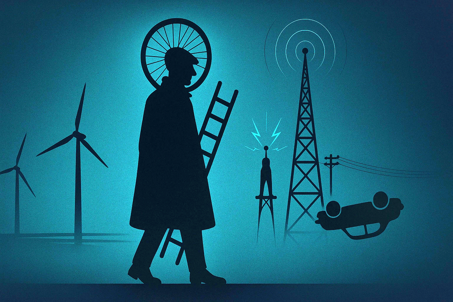 Silhouette and turbines composition, landscape 16:9.